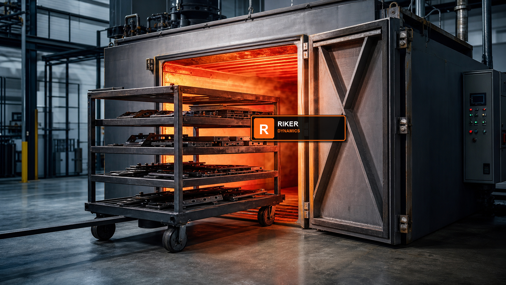 Riker Dynamics powder coating oven loaded with parts for heat recovery