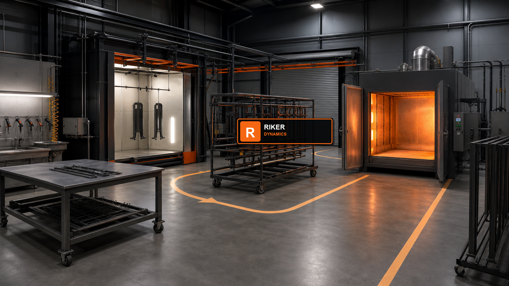 Riker Dynamics powder coating oven in an efficient shop workflow layout