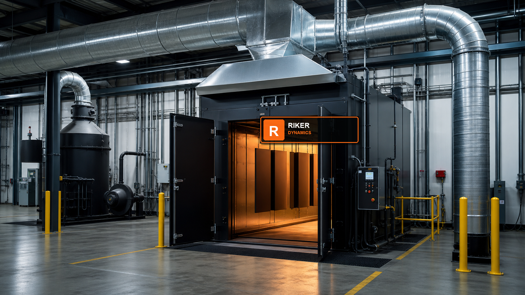 Riker Dynamics powder coating oven with ventilation and safety clearance
