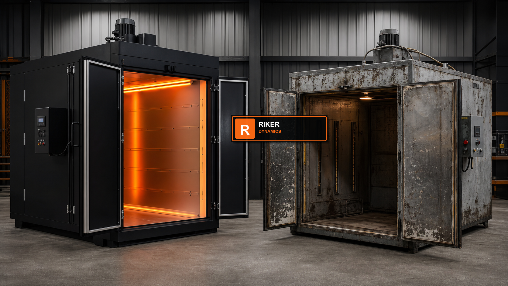 New Riker Dynamics powder coating oven compared with a used curing oven