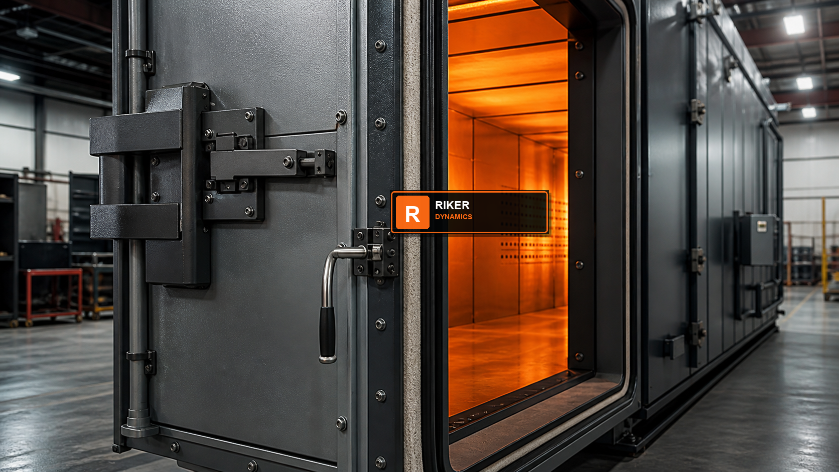 Riker Dynamics powder coating oven door design with seal and latch detail