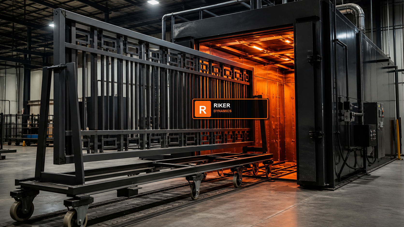 Riker Dynamics powder coating oven curing a large metal frame