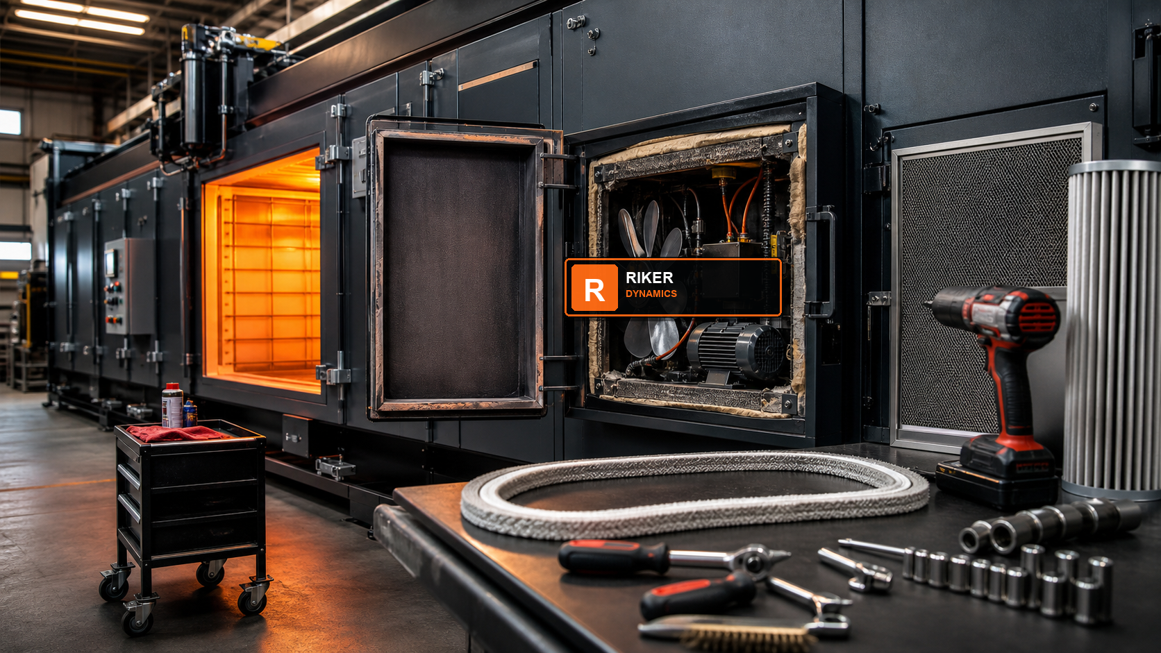 Riker Dynamics powder coating oven maintenance with service access panel