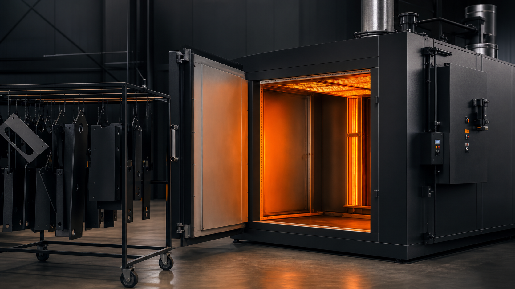 Powder coating oven with coated metal parts curing in an industrial shop